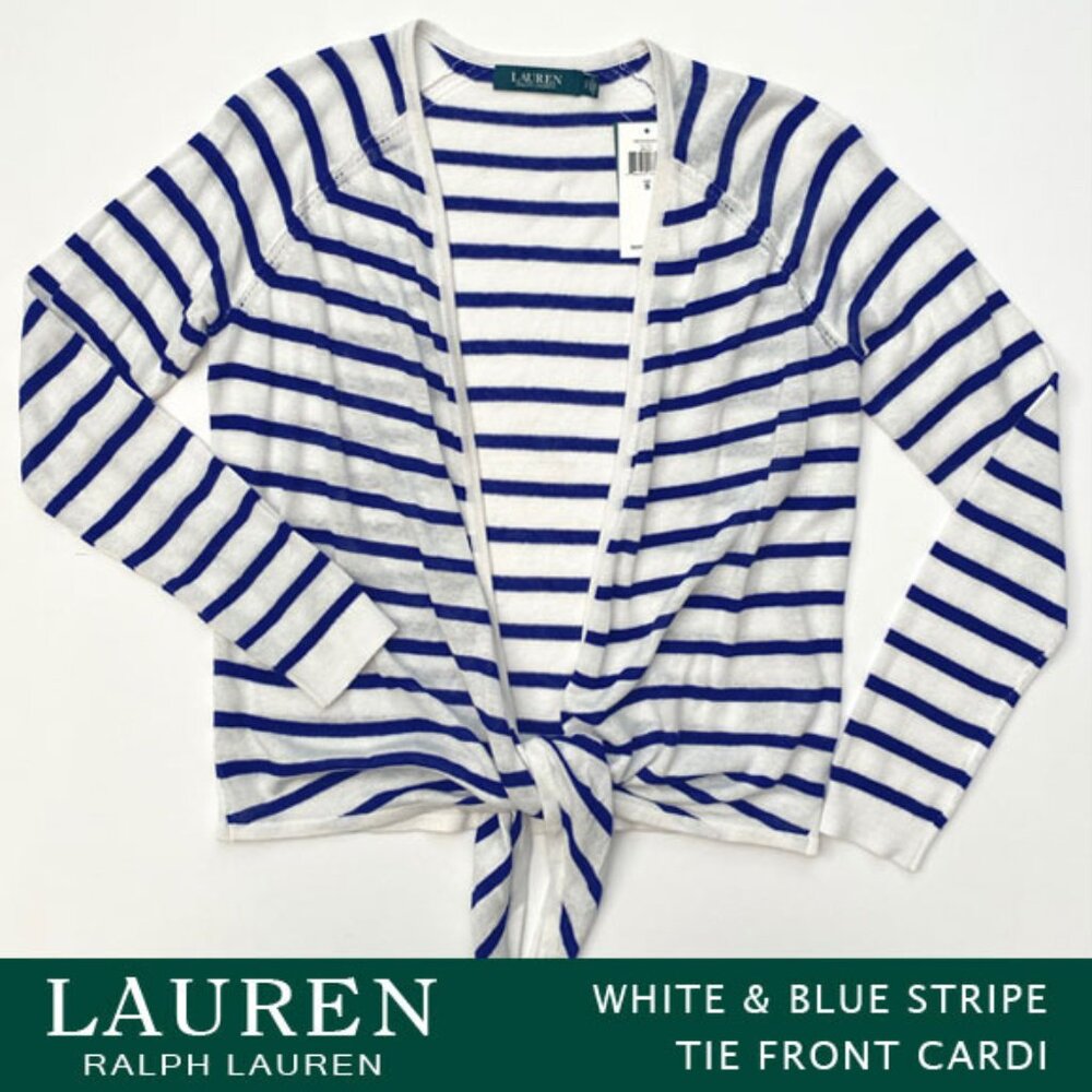 Lauren Ralph Lauren White & Blue Stripe Tie Front Cardi Size SP